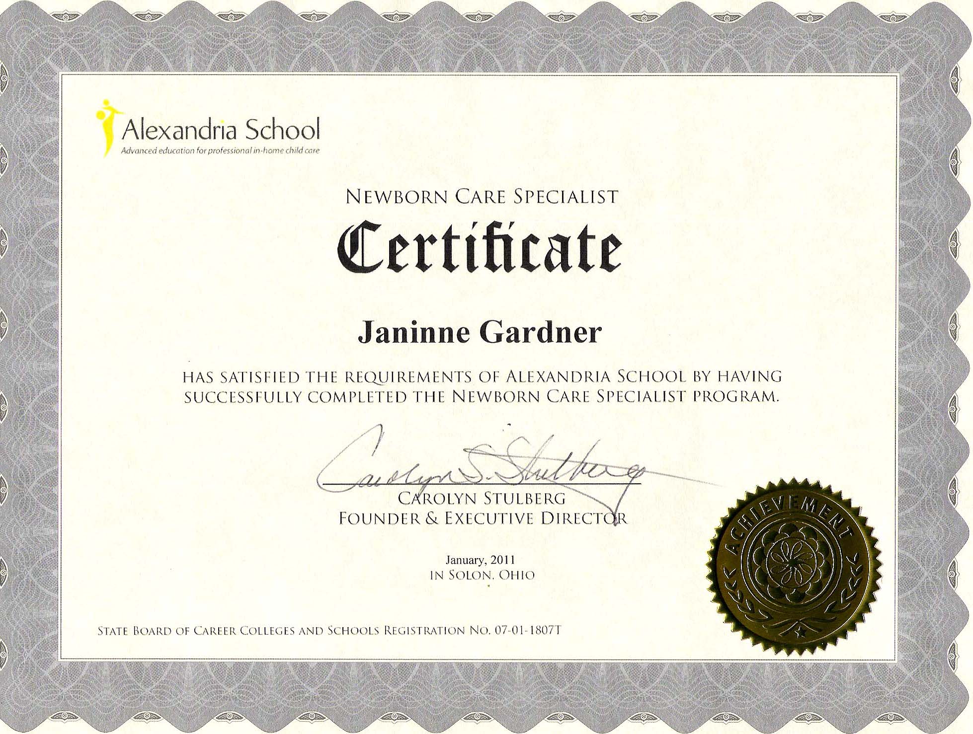 Education Certificates Janinne Gardner Newborn Care Specialist